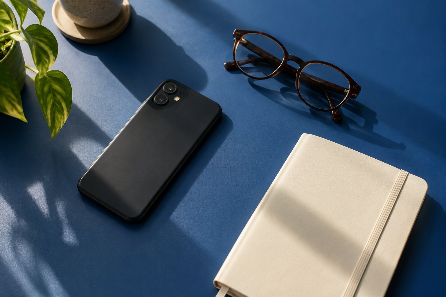 A phone and notebook on a blue desk; illustrative image